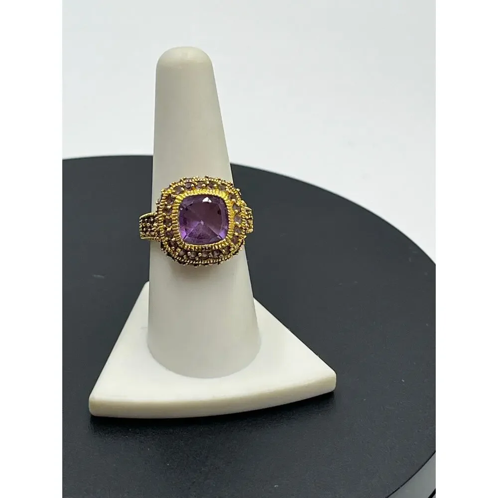 UTC Gold Plated Vermeil Sterling‎ Silver Cushion Cut Amethyst Cocktail Ring Sz 8